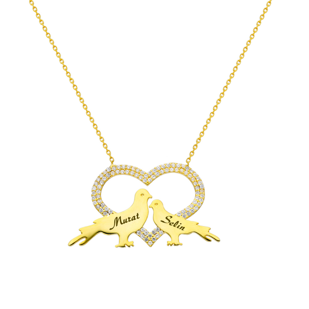 Kişiye Özel İsim Yazılı Gold Renk 925 Ayar Gümüş Kalp-Güvercin Kolye