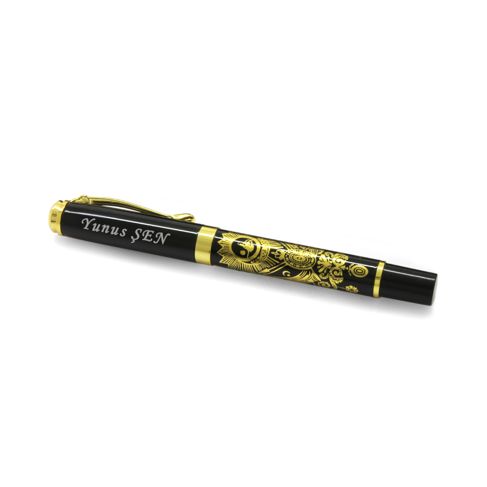 Kişiye Özel İsim Yazılı Sarı-Siyah Renk Arma Desenli Roller Tükenmez Kalem