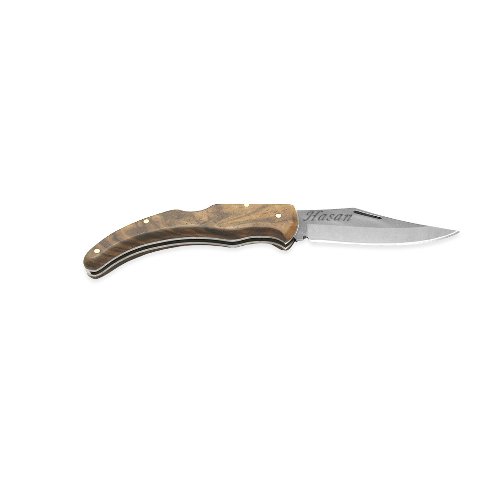 Kök Ceviz Ağacı Kabzalı Hayta Model Sırttan Kilit Mekanizmalı Kişiye Özel İsim Yazılı 4116 Karartılmış Çelik Avcı/Kamp Bıçağı