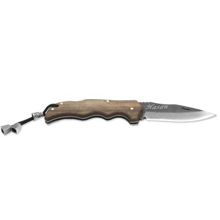 Kök Ceviz Ağacı Kabzalı Yarasa Model Sırttan Kilit Mekanizmalı Kişiye Özel İsim Yazılı 4034 Karartılmış Çelik Avcı/Kamp Bıçağı - Thumbnail
