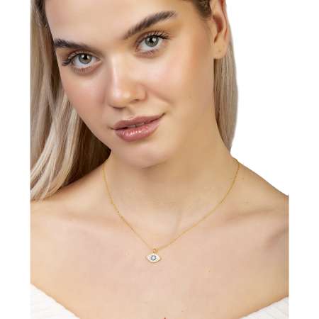 Lacivert-Beyaz Zirkon Taşlı Göz Tasarım Gold Renk 925 Ayar Gümüş Kadın Kolye - Thumbnail