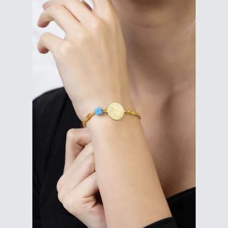 Liralı Nazar Boncuğu Detaylı Halat Zincirli Gold Renk 925 Ayar Gümüş Kadın Bileklik - Thumbnail