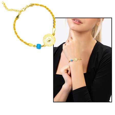 Liralı Nazar Boncuğu Detaylı Halat Zincirli Gold Renk 925 Ayar Gümüş Kadın Bileklik - Thumbnail