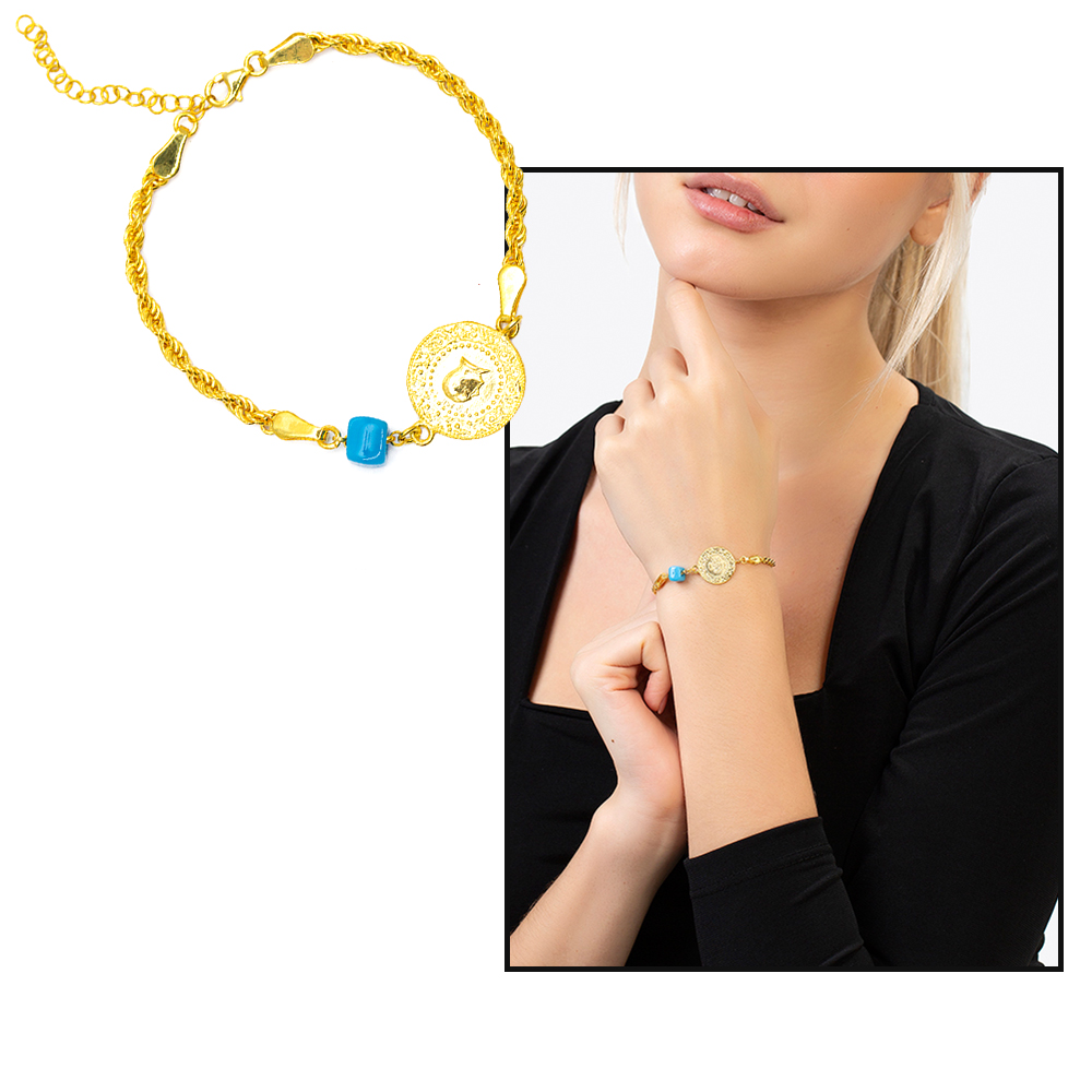 Liralı Nazar Boncuğu Detaylı Halat Zincirli Gold Renk 925 Ayar Gümüş Kadın Bileklik