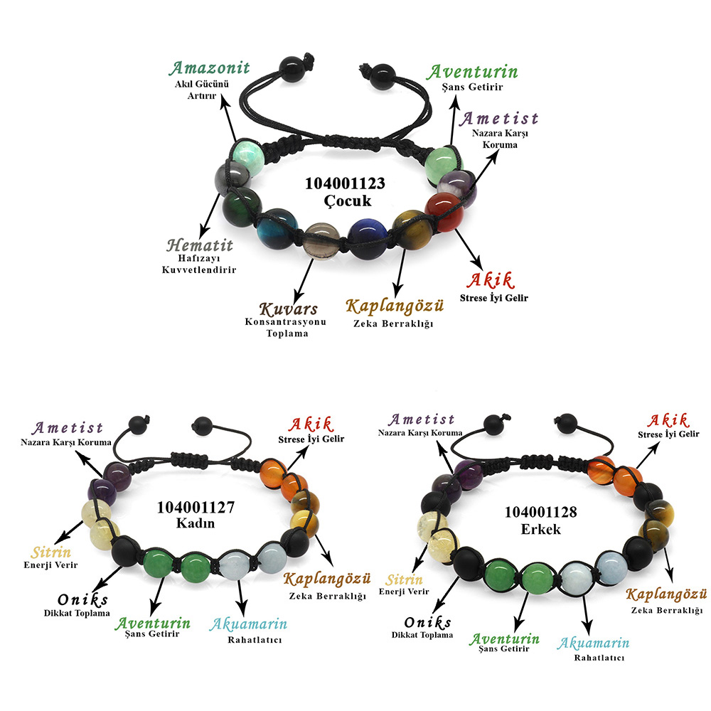 Makrome Örgülü Küre Kesim Multicolor Doğaltaş Kombinli Erkek-Kadın-Çocuk Başarı Bilekliği(3'lü Set)