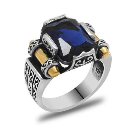 Mavi Baget Taşlı Avangarde Tasarım 925 Ayar Gümüş Şah Cihan Yüzüğü - Thumbnail