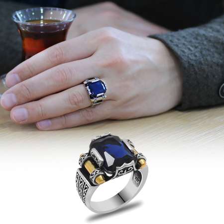 Mavi Baget Taşlı Avangarde Tasarım 925 Ayar Gümüş Şah Cihan Yüzüğü - Thumbnail