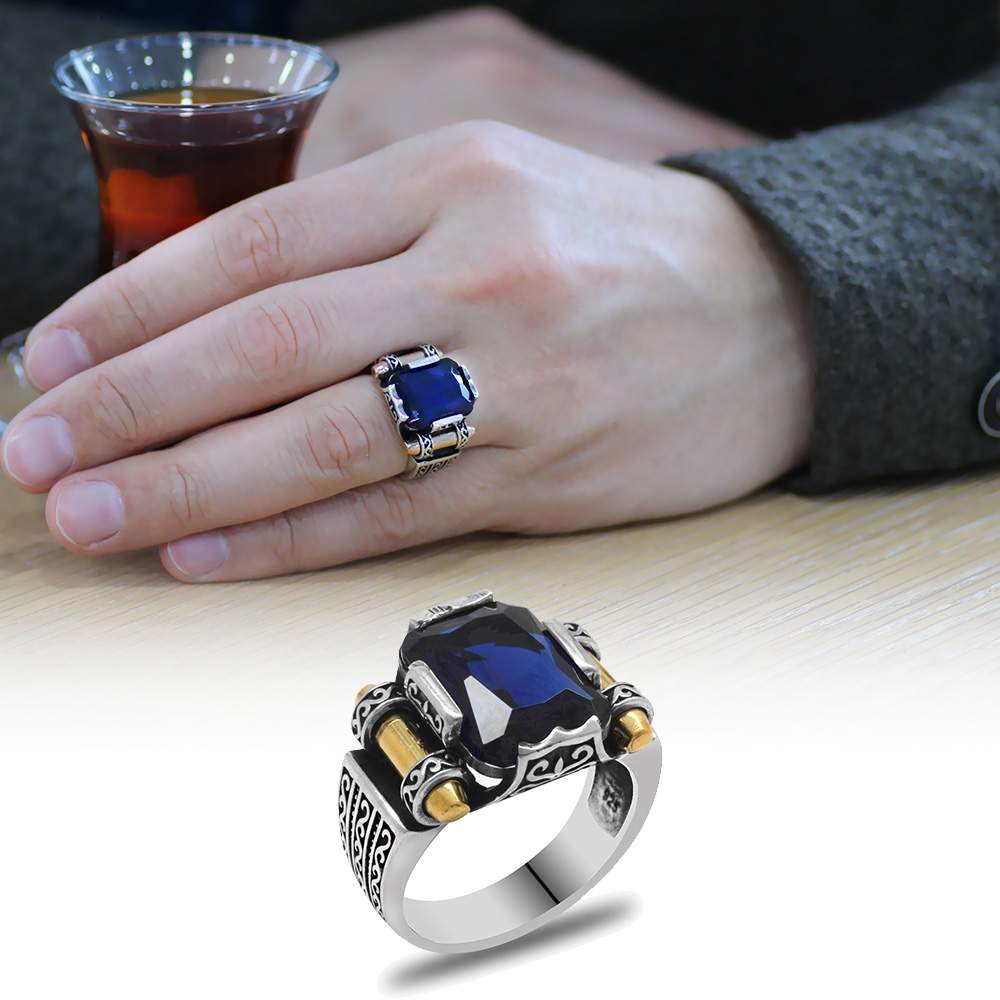 Mavi Baget Taşlı Avangarde Tasarım 925 Ayar Gümüş Şah Cihan Yüzüğü