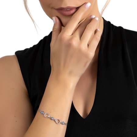 Mavi-Beyaz Zirkon Taşlı Ayyıldız Tasarım 925 Ayar Gümüş Kadın Bileklik - Thumbnail