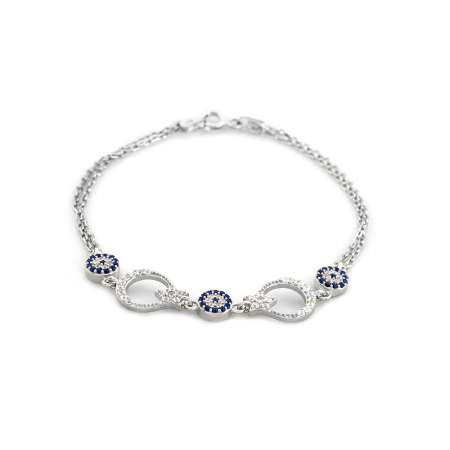Mavi-Beyaz Zirkon Taşlı Ayyıldız Tasarım 925 Ayar Gümüş Kadın Bileklik - Thumbnail