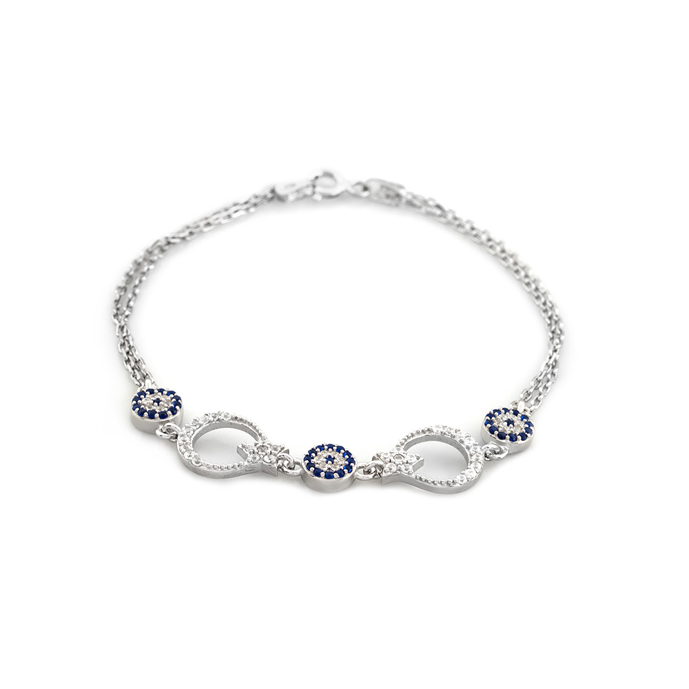 Mavi-Beyaz Zirkon Taşlı Ayyıldız Tasarım 925 Ayar Gümüş Kadın Bileklik