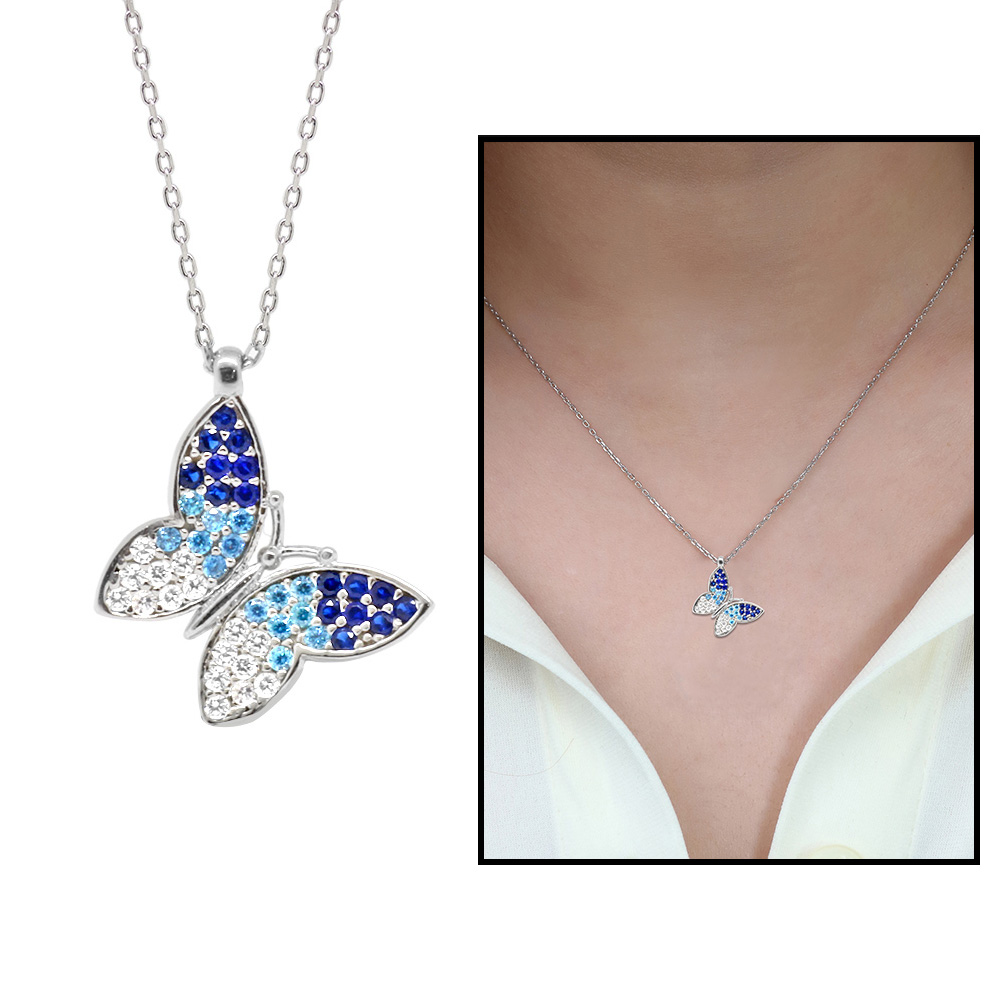 Mavi-Beyaz Zirkon Taşlı Kelebek Tasarım 925 Ayar Gümüş 3'lü Takı Seti