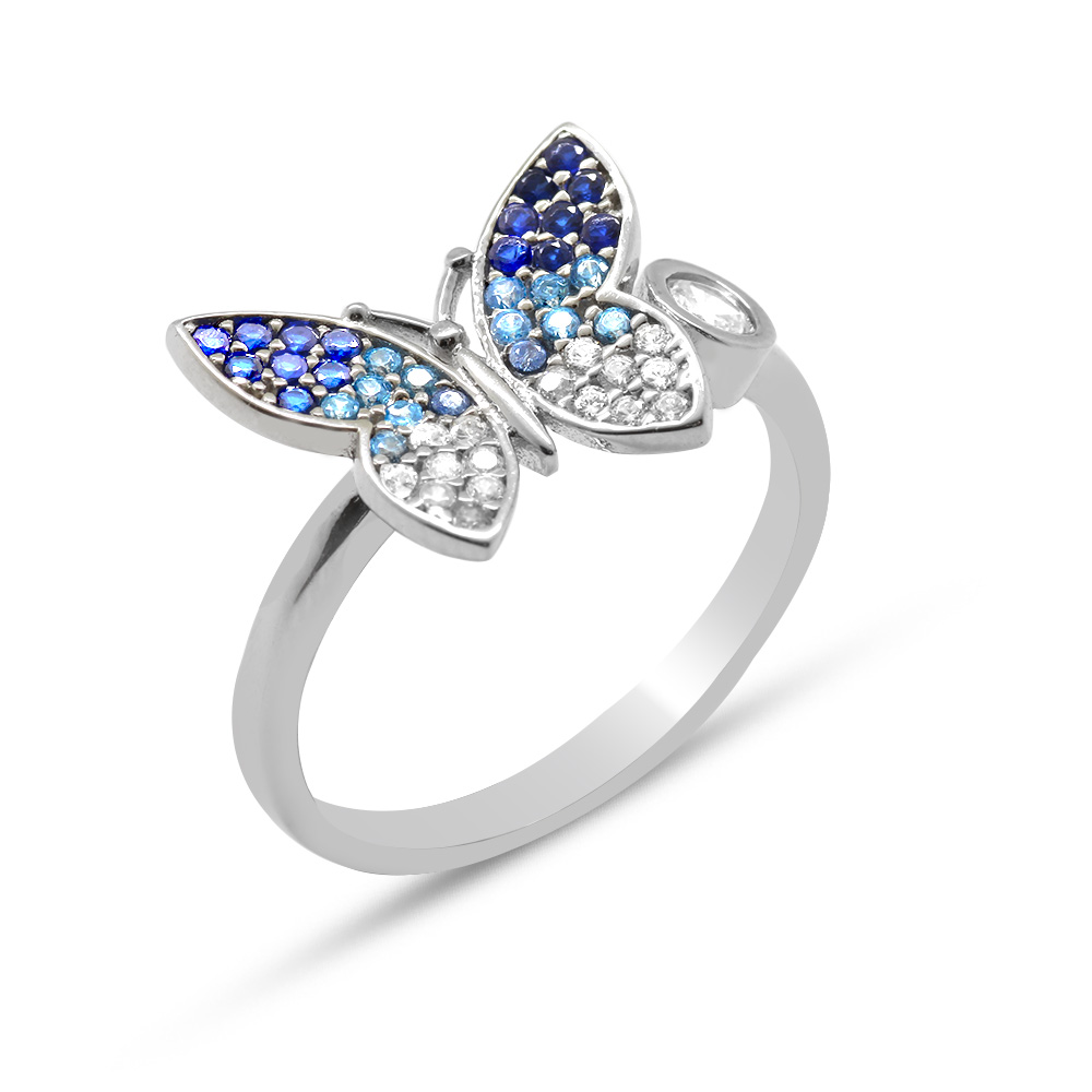 Mavi-Beyaz Zirkon Taşlı Kelebek Tasarım 925 Ayar Gümüş 3'lü Takı Seti