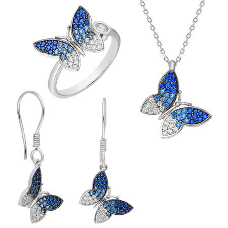 Mavi-Beyaz Zirkon Taşlı Kelebek Tasarım 925 Ayar Gümüş 3'lü Takı Seti - Thumbnail