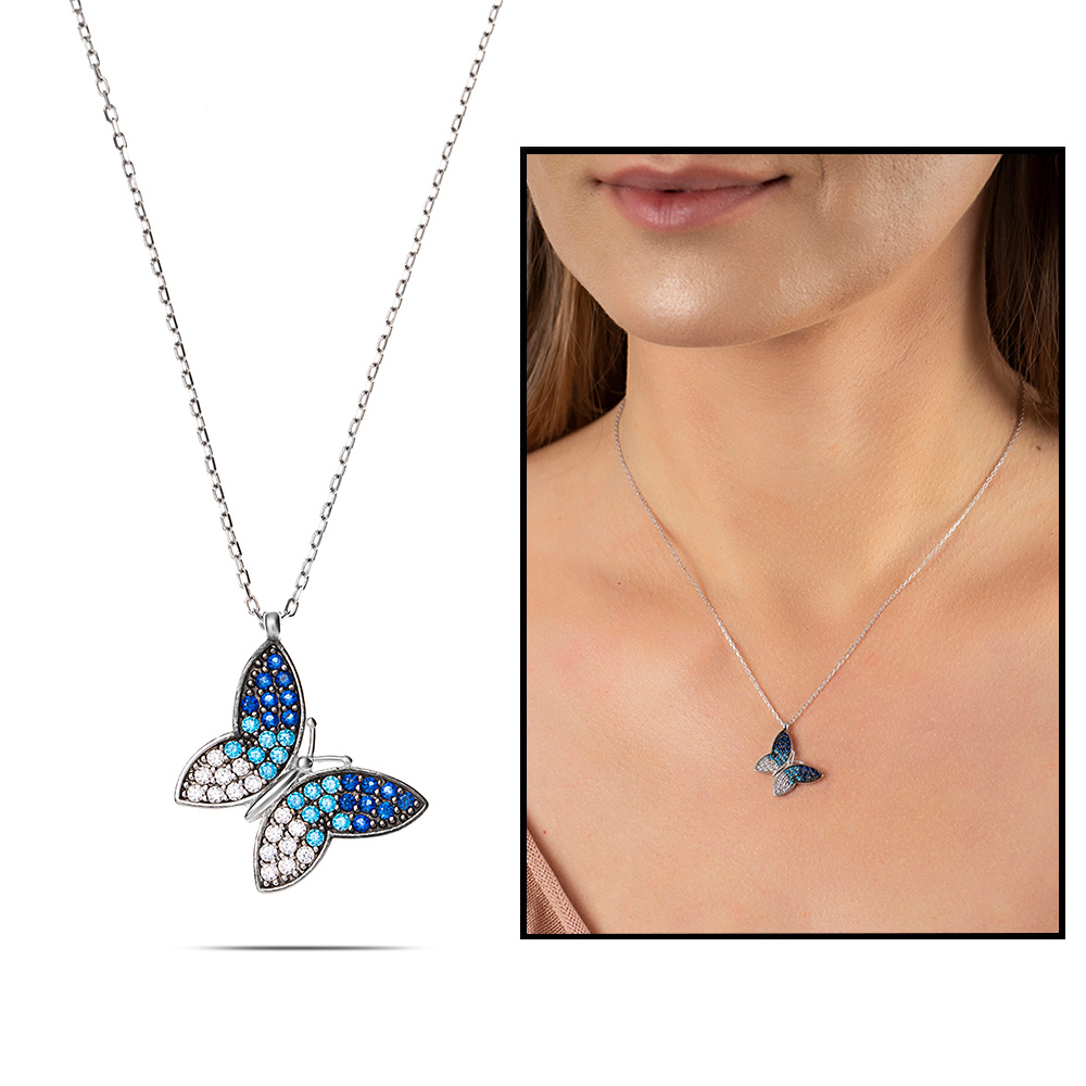 Mavi-Beyaz Zirkon Taşlı Kelebek Tasarım 925 Ayar Gümüş Bayan Kolye
