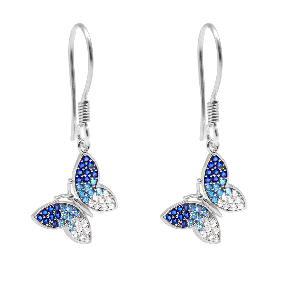 Mavi-Beyaz Zirkon Taşlı Kelebek Tasarım 925 Ayar Gümüş Bayan Küpe