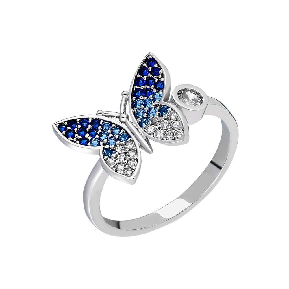 Mavi-Beyaz Zirkon Taşlı Kelebek Tasarım 925 Ayar Gümüş Bayan Yüzük