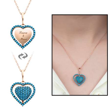 Mavi Firuze Taşlı Kişiye Özel İsim Yazılı Rose Renk 925 Ayar Gümüş Kalp Kolye - Thumbnail