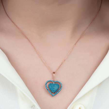 Mavi Firuze Taşlı Kişiye Özel İsim Yazılı Rose Renk 925 Ayar Gümüş Kalp Kolye - Thumbnail