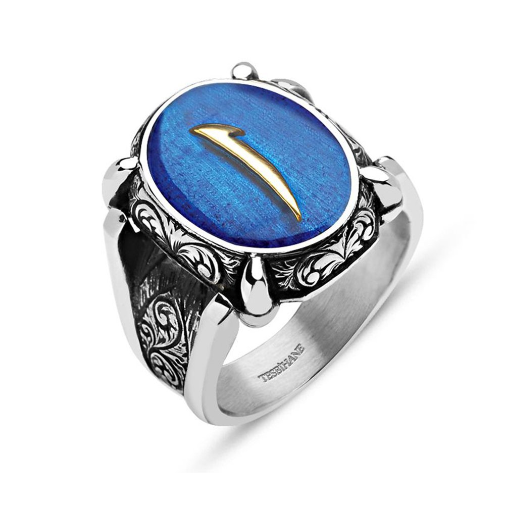Mavi Mine Üzerine Elif Harfli 925 Ayar Gümüş Oval Yüzük