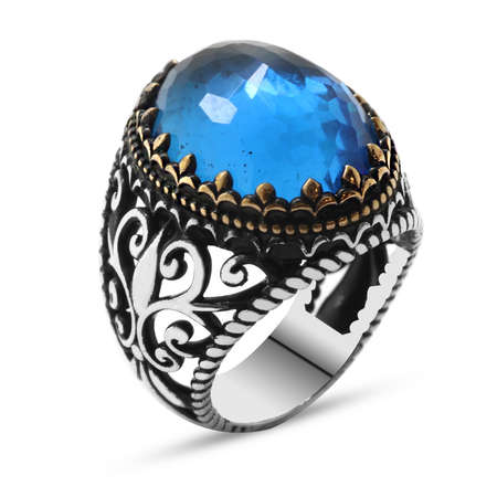 Mavi Zirkon Taşlı Ferforje Tasarım 925 Ayar Gümüş Erkek Yüzük - Thumbnail