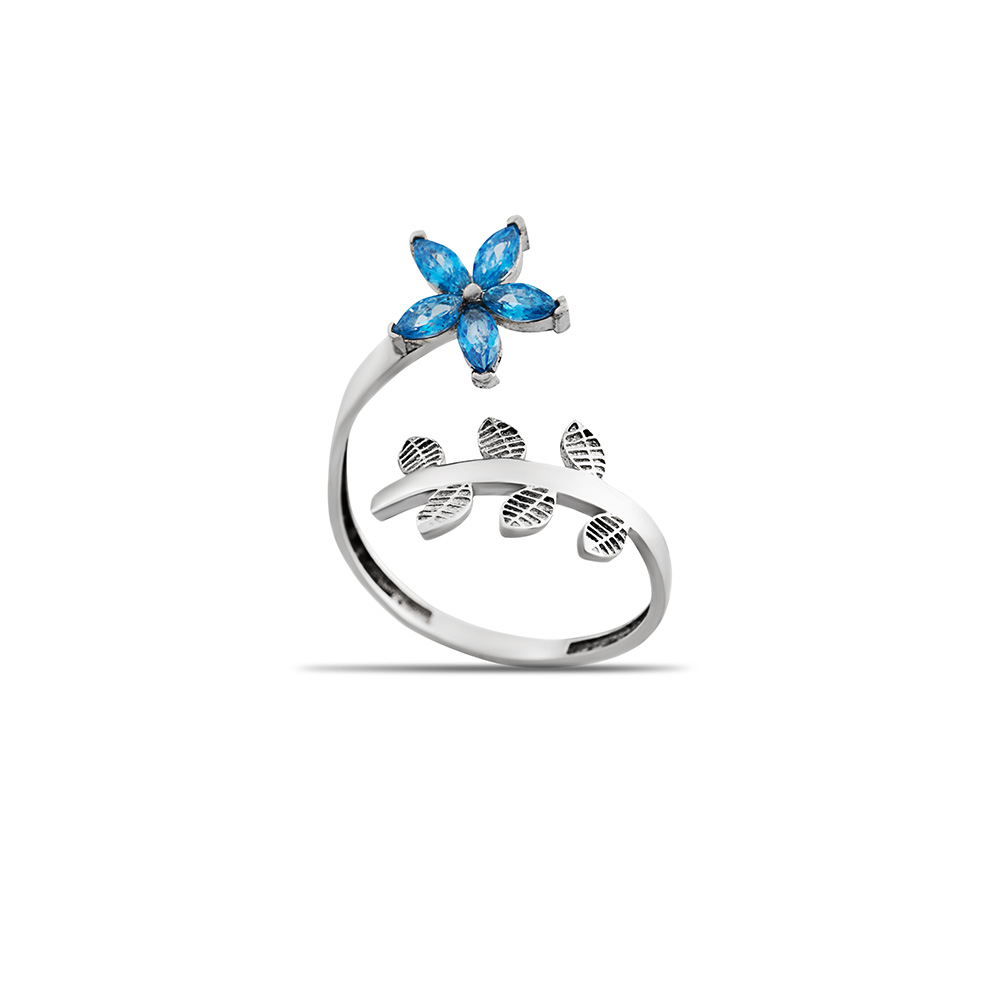 Mavi Zirkon Taşlı Kardelen Çiçeği Tasarım 925 Ayar Gümüş Kadın Yüzük