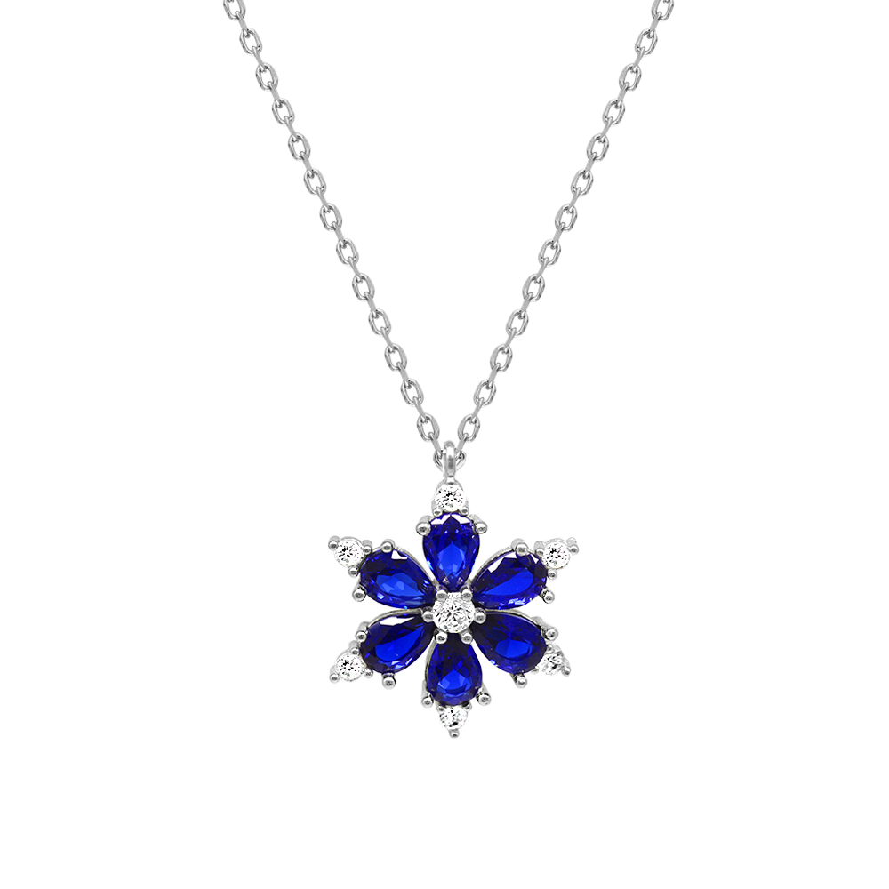 Mavi Zirkon Taşlı Kır Çiçeği Tasarım 925 Ayar Gümüş Kadın Kolye