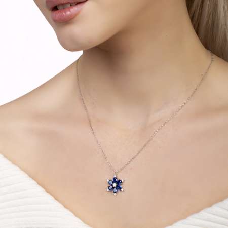 Mavi Zirkon Taşlı Kır Çiçeği Tasarım 925 Ayar Gümüş Kadın Kolye - Thumbnail