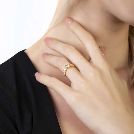 Mikro Zirkon Taş Süslemeli Gold Renk Free Size 925 Ayar Gümüş Kadın Tektaş Yüzük - Thumbnail