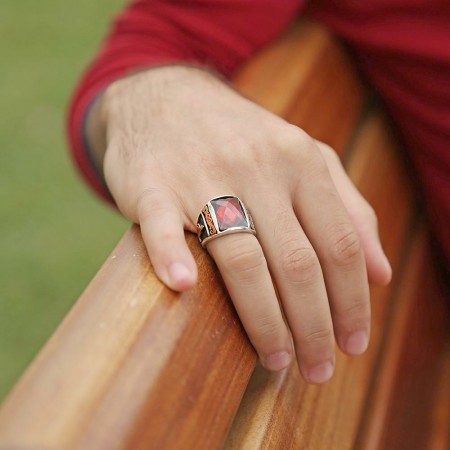 Tuğra İşlemeli Kırmızı Zirkon Taşlı 925 Ayar Gümüş Milli İrade Yüzüğü - Thumbnail