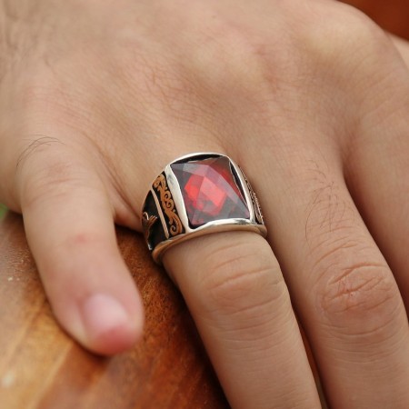 Tuğra İşlemeli Kırmızı Zirkon Taşlı 925 Ayar Gümüş Milli İrade Yüzüğü - Thumbnail