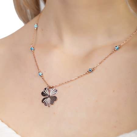 Nazar Boncuğu Detaylı Kır Çiçeği Tasarım Rose Renk 925 Ayar Gümüş Kolye - Thumbnail
