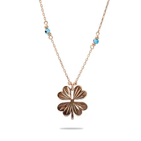 Nazar Boncuğu Detaylı Kır Çiçeği Tasarım Rose Renk 925 Ayar Gümüş Kolye - Thumbnail