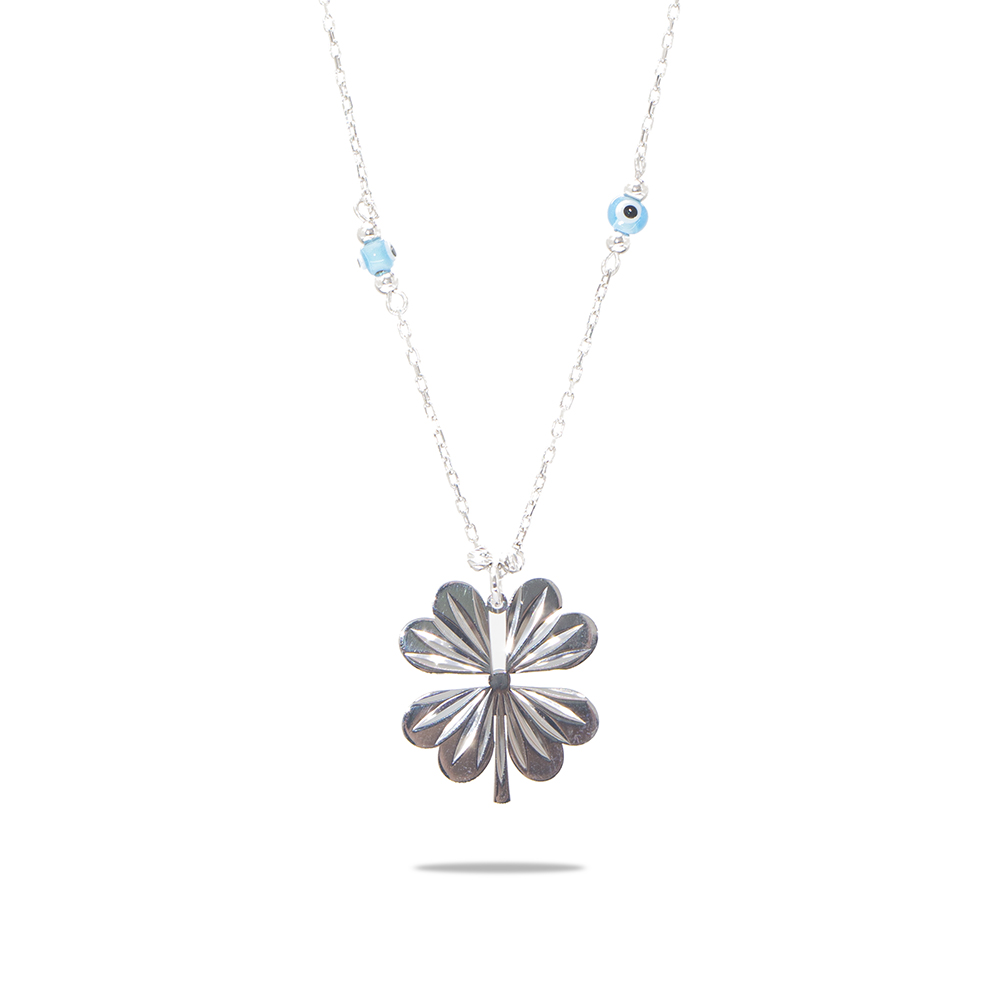 Nazar Boncuğu Detaylı Kır Çiçeği Tasarım Silver Renk 925 Ayar Gümüş Kolye