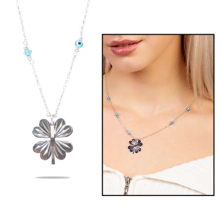 Nazar Boncuğu Detaylı Kır Çiçeği Tasarım Silver Renk 925 Ayar Gümüş Kolye - Thumbnail