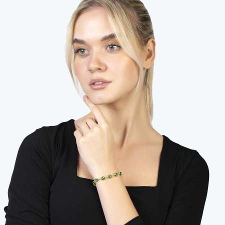 Nazar Boncuğu Detaylı Yeşil Mineli Gold Renk 925 Ayar Gümüş Kadın Bileklik - Thumbnail