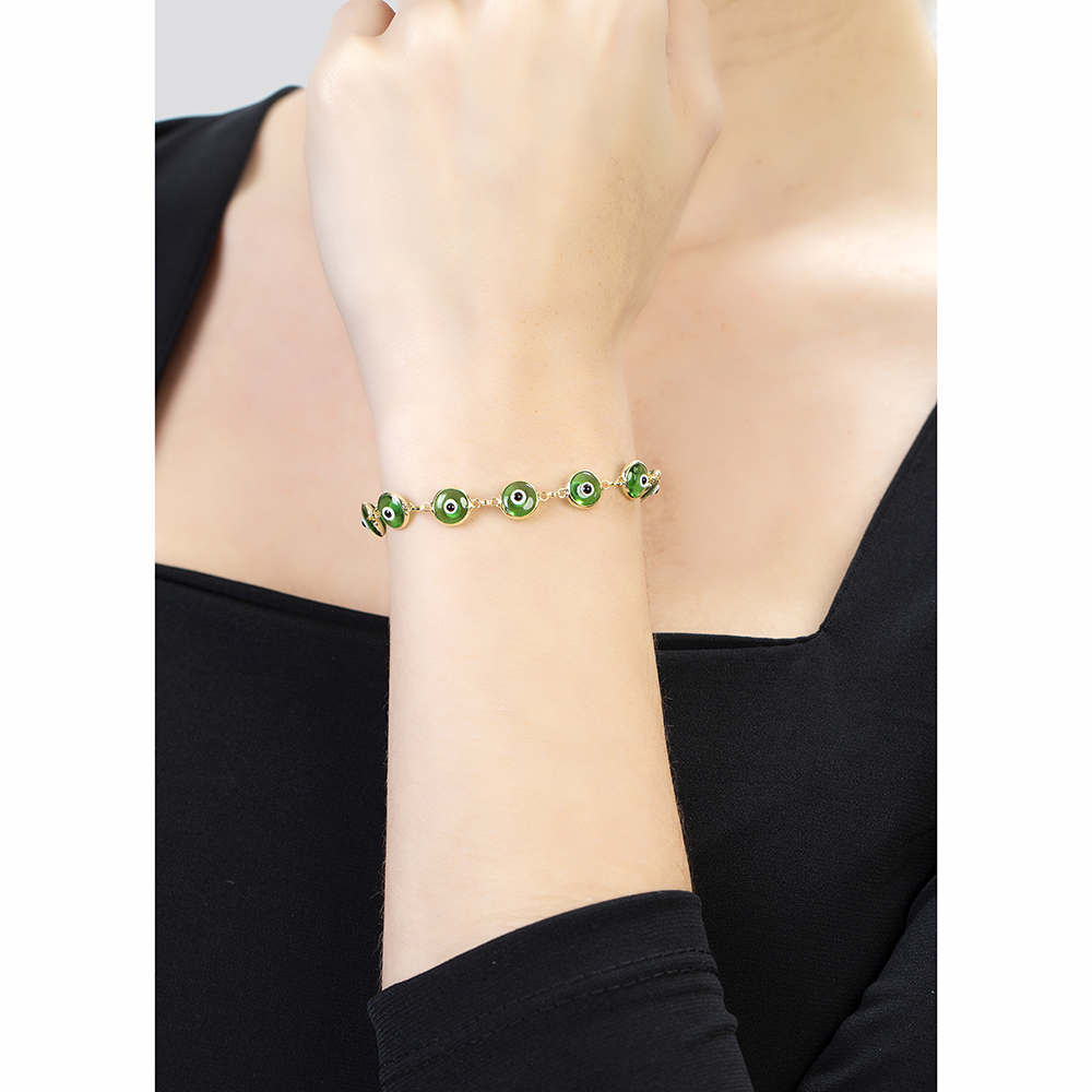 Nazar Boncuğu Detaylı Yeşil Mineli Gold Renk 925 Ayar Gümüş Kadın Bileklik
