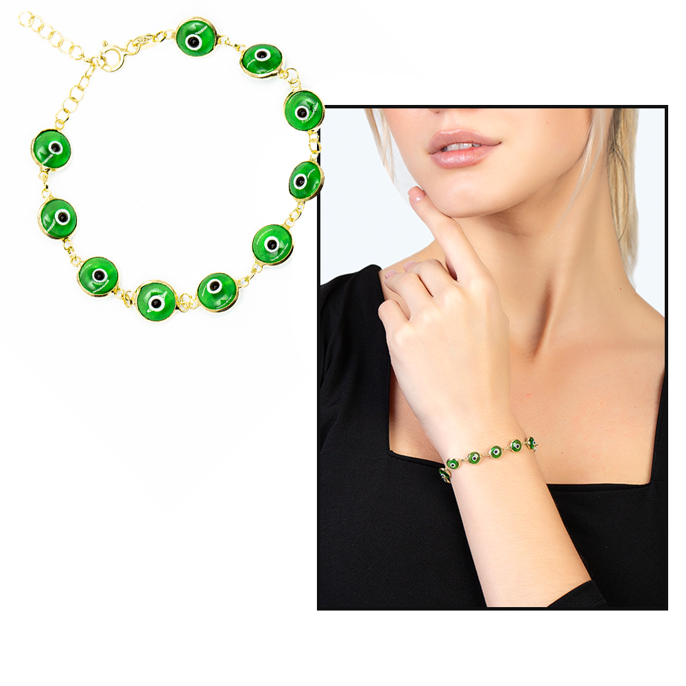 Nazar Boncuğu Detaylı Yeşil Mineli Gold Renk 925 Ayar Gümüş Kadın Bileklik