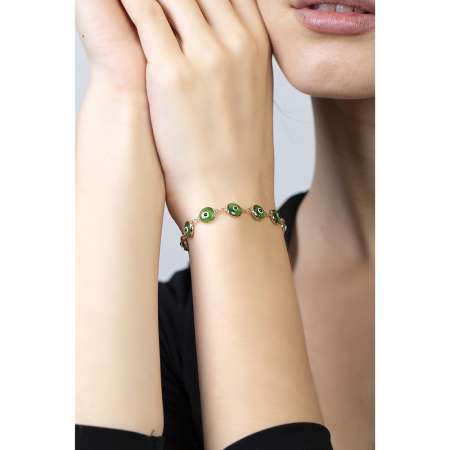 Nazar Boncuğu Detaylı Yeşil Mineli Rose Renk 925 Ayar Gümüş Kadın Bileklik - Thumbnail