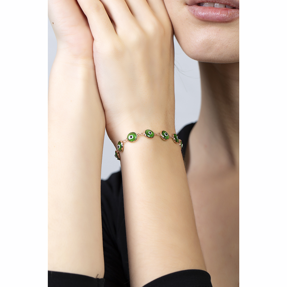 Nazar Boncuğu Detaylı Yeşil Mineli Rose Renk 925 Ayar Gümüş Kadın Bileklik