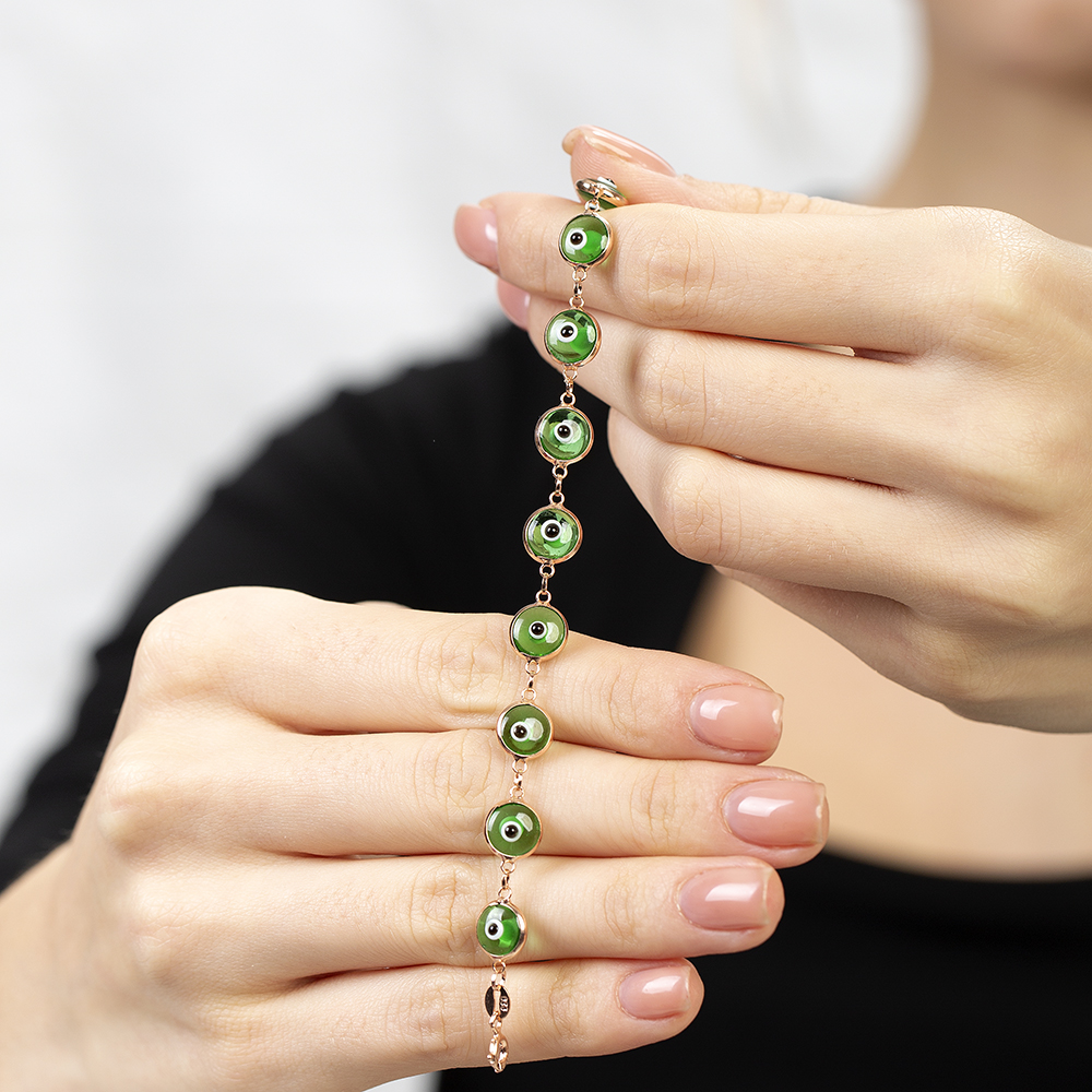 Nazar Boncuğu Detaylı Yeşil Mineli Rose Renk 925 Ayar Gümüş Kadın Bileklik