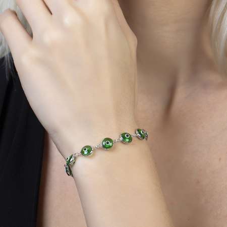 Nazar Boncuğu Detaylı Yeşil Mineli Silver Renk 925 Ayar Gümüş Kadın Bileklik - Thumbnail