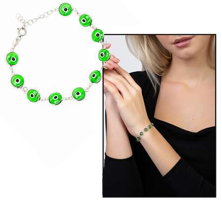 Nazar Boncuğu Detaylı Yeşil Mineli Silver Renk 925 Ayar Gümüş Kadın Bileklik - Thumbnail