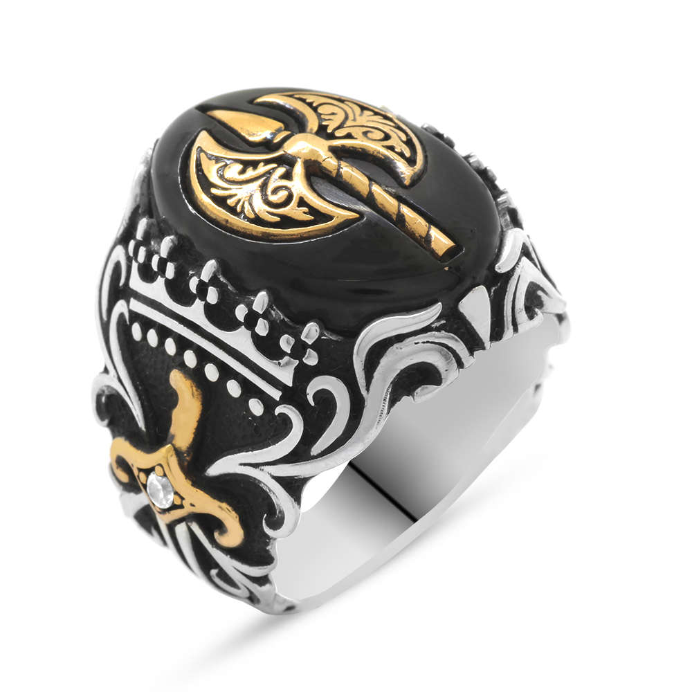 Oniks Taşlı Balta Tasarım 925 Ayar Gümüş Savaşçı Yüzüğü