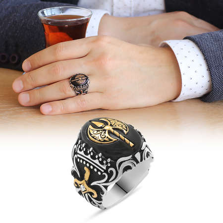 Oniks Taşlı Balta Tasarım 925 Ayar Gümüş Savaşçı Yüzüğü - Thumbnail