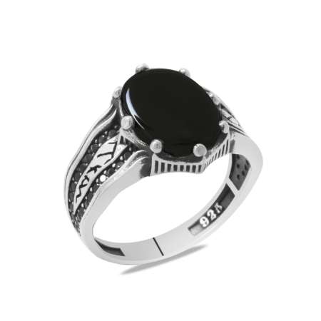 Oniks Taşlı Kenarları Mikro Siyah Zirkon Taş Süslemeli Oval Tasarım 925 Ayar Gümüş Erkek Yüzük - Thumbnail