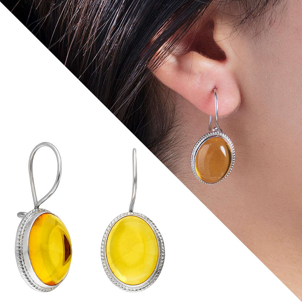 Doğal Damla Kehribar Taşlı Oval Tasarım 925 Ayar Gümüş Küpe