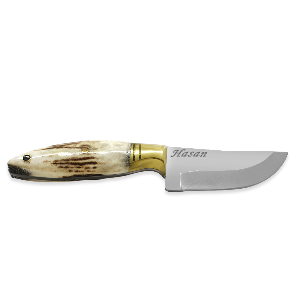 Özel Kutulu Geyik Boynuzu Kabzalı Mini Barınlı Kişiye Özel İsim Yazılı 4116 Çelik Avcı/Kamp Bıçağı