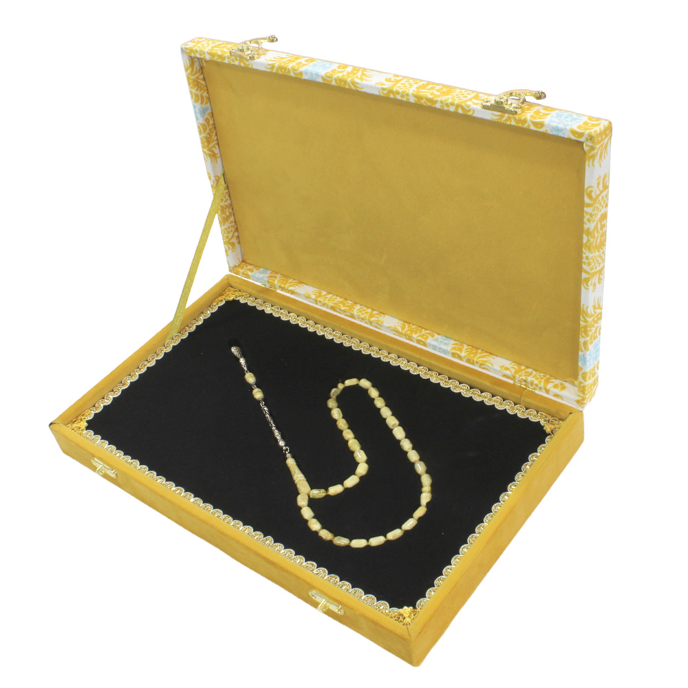 Özel Premium Kutulu 925 Ayar Gümüş Kral Püsküllü Kapsül Kesim King Seccer Sarı-Beyaz Hareli Damla Kehribar Tesbih