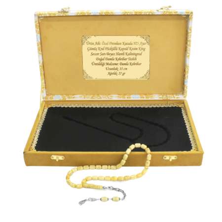 Özel Premium Kutulu 925 Ayar Gümüş Kral Püsküllü Kapsül Kesim King Seccer Sarı-Beyaz Hareli Damla Kehribar Tesbih - Thumbnail
